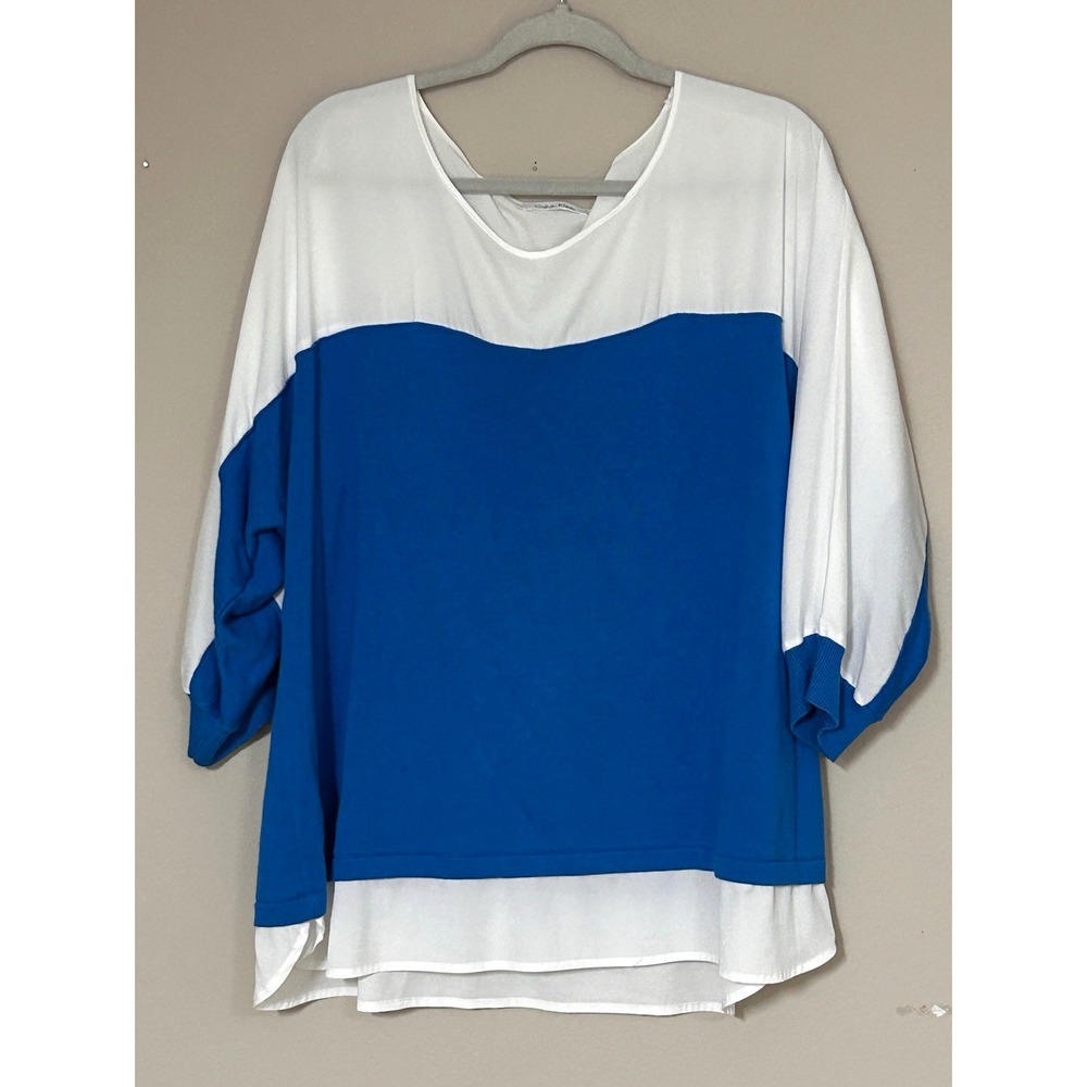 Calvin Klein Blue White Colorblock Knit Round Neck 3/4 Sleeve Blouse XL